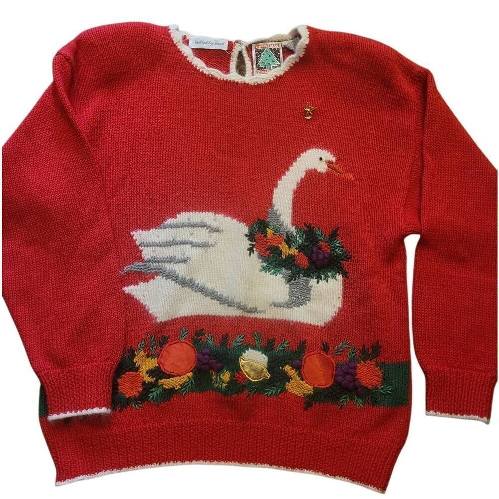 Vintage Casual Corner Sweater Women's Large Red Swan Fruit Embroidered 3D